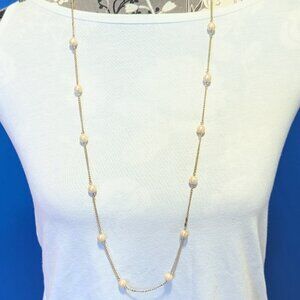 Vintage Sara Coventry Long Runway Yelloe Gold Tone w/ Faux Pearls Necklace
